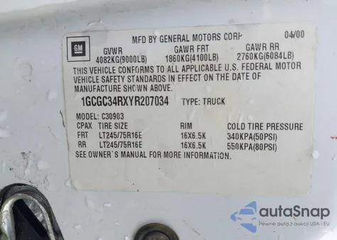 2000 Chevrolet C3500 z USA, uszkodzony, nr VIN 1GCGC34RXYR207034